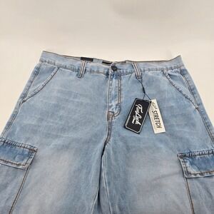 True Luck Classic Baggy Cargo Jeans Mens Stretch Light Wash Blue 36x32 NWT